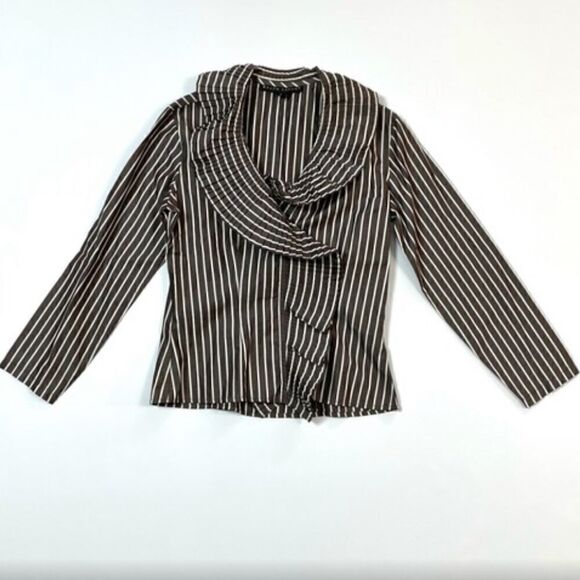 Ralph Lauren Polished Cotton Poplin Brown & White Accordion Pleat Ruffle Blouse - Picture 4 of 10